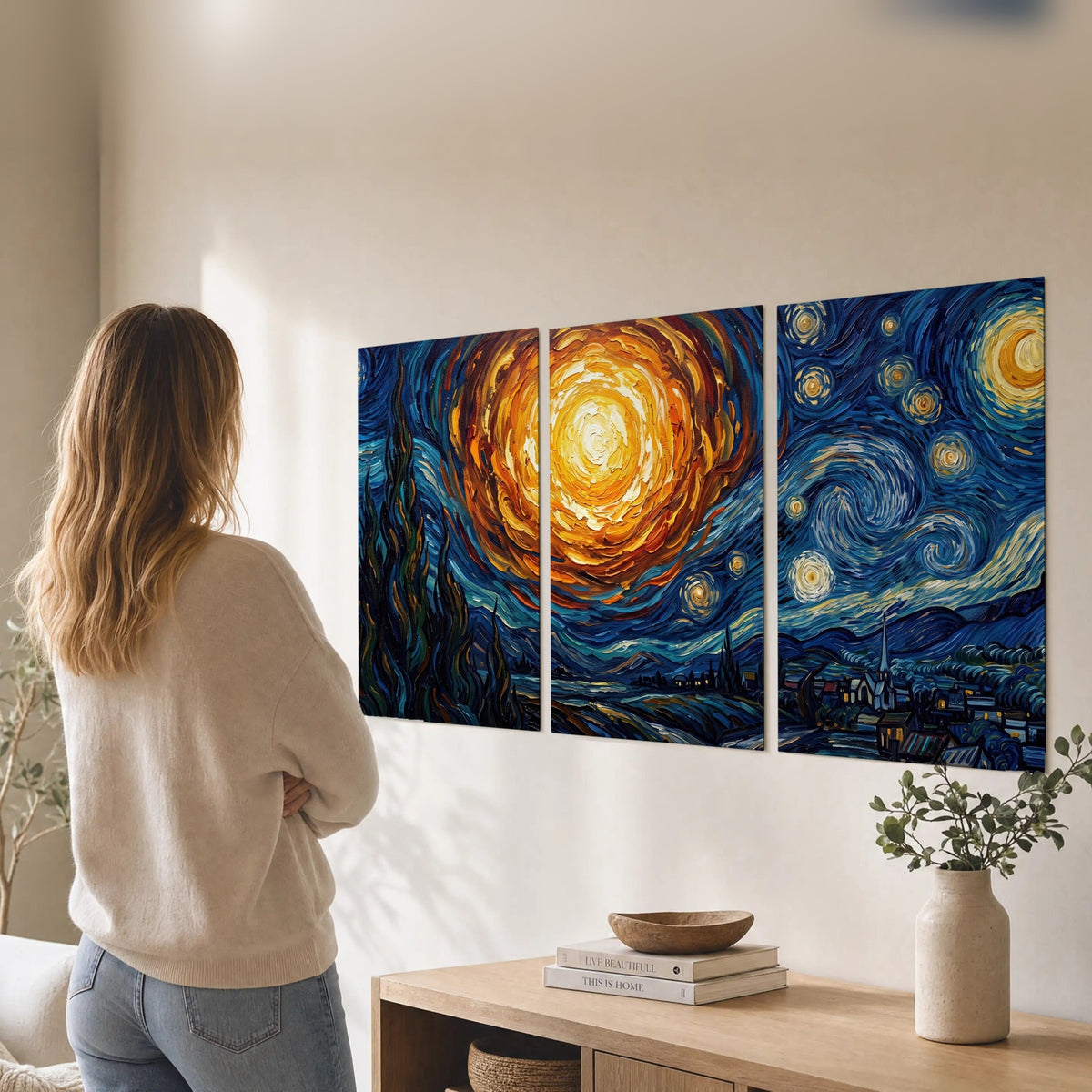 Starry night sky painting set of 3 poster prints in a living room