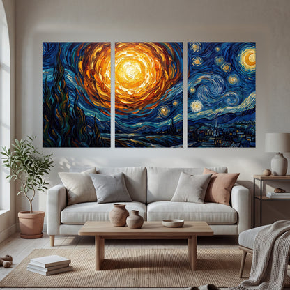 Starry night sky painting set of 3 poster prints in a bright living room