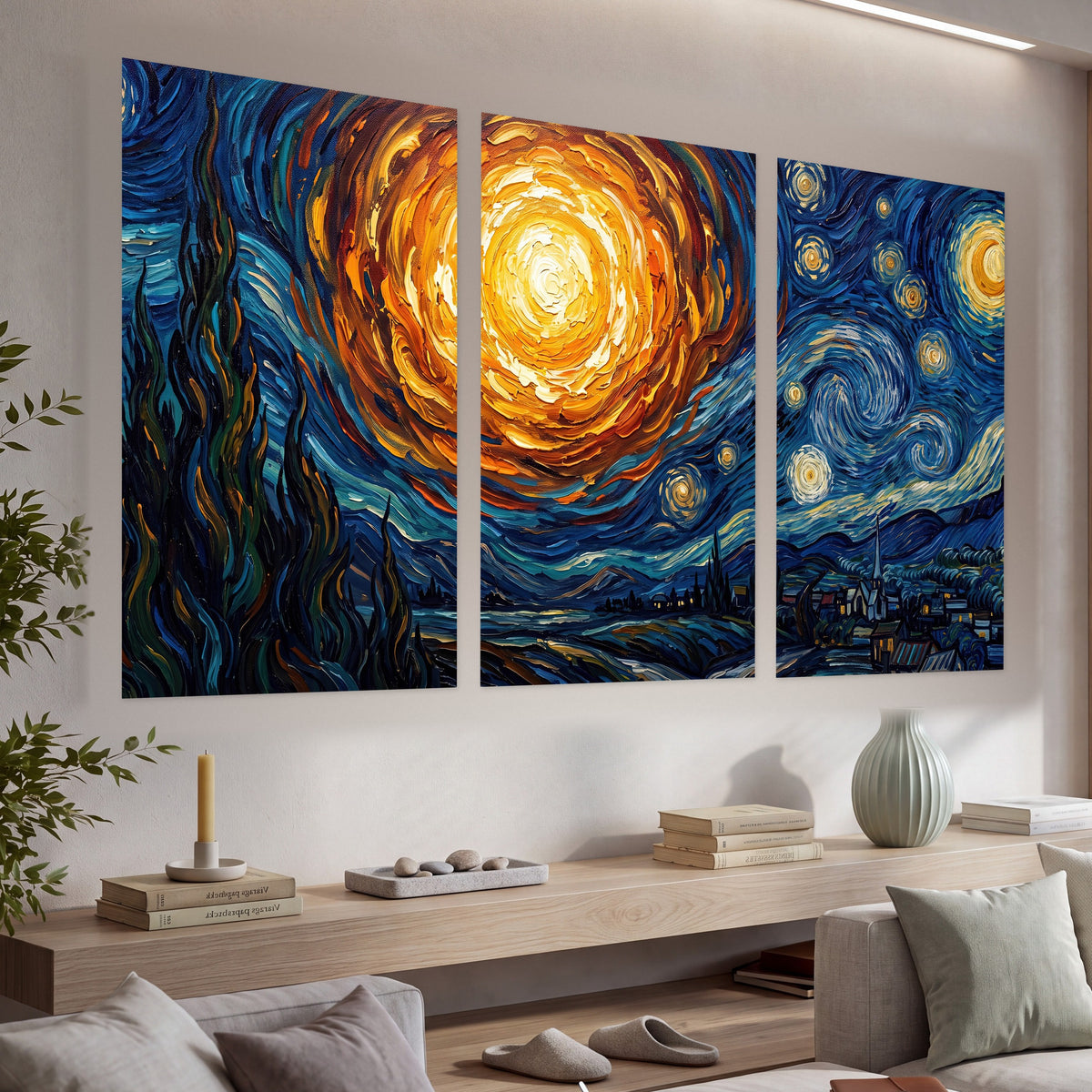 Starry night sky painting set of 3 poster prints in a living room above a console