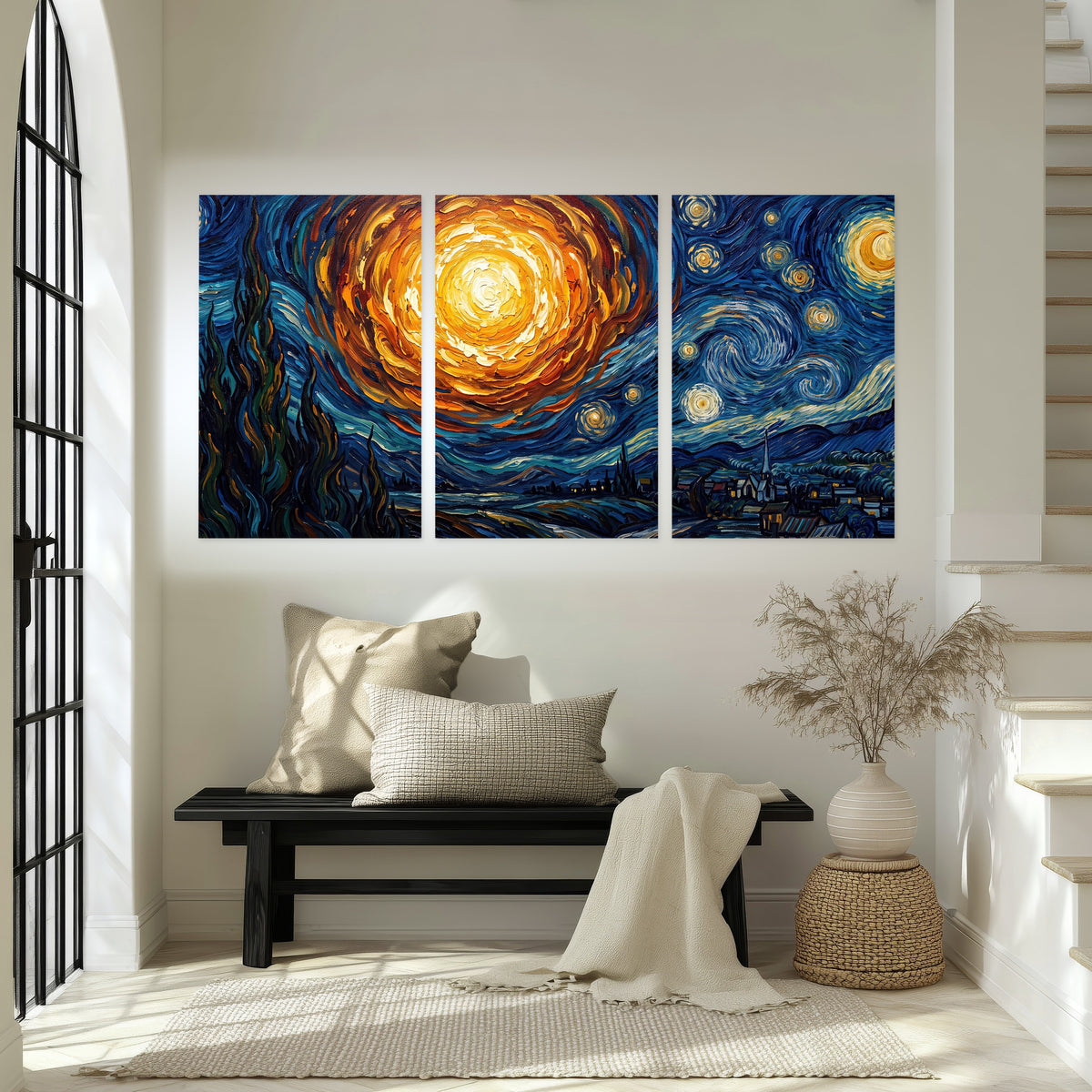 Starry night sky painting set of 3 poster prints in an entryway above a bench
