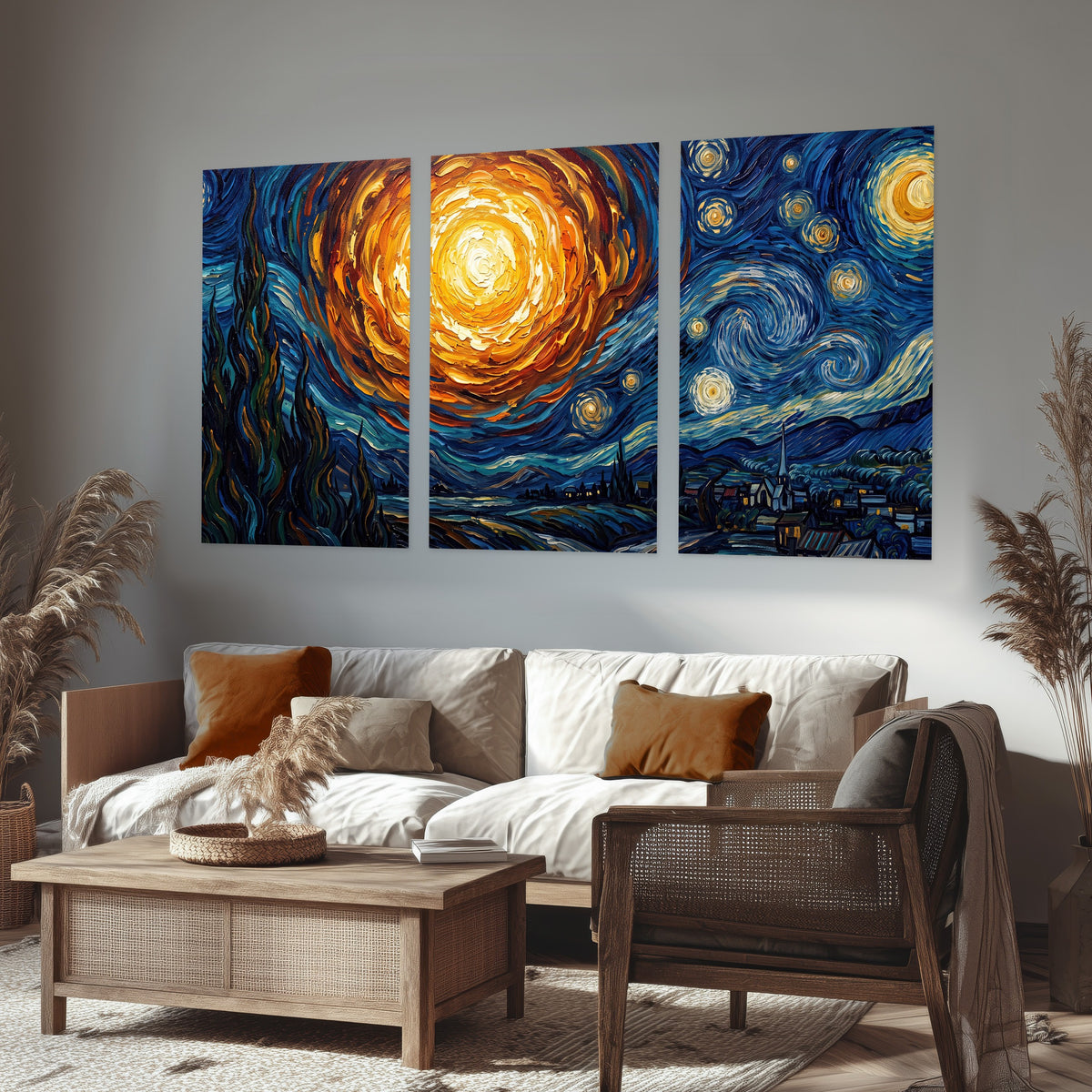 Starry night sky painting set of 3 poster prints in a rustic living room