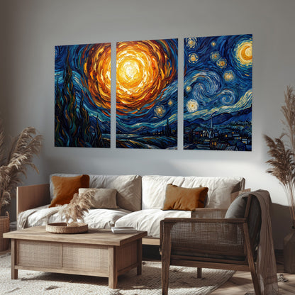 Starry night sky painting set of 3 poster prints in a rustic living room