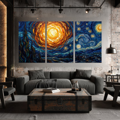 Starry night sky painting set of 3 poster prints in an industrial loft