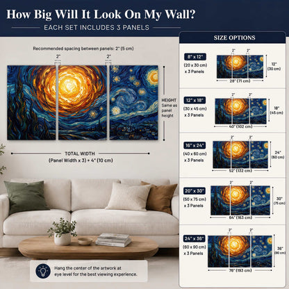 Starry night sky painting set of 3 poster prints size guide above a sofa