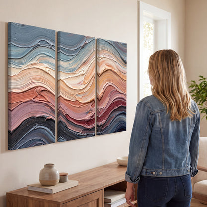 Pastel waves textured abstract painting 3 piece canvas wall art in a living room