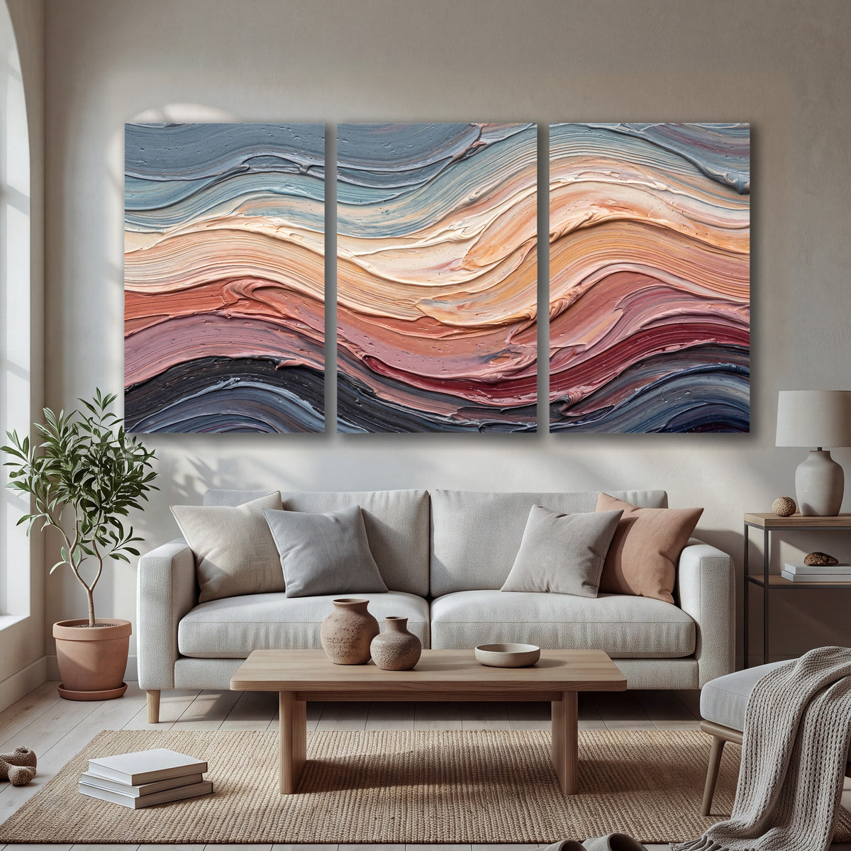 Pastel waves textured abstract painting 3 piece canvas wall art in a bright living room