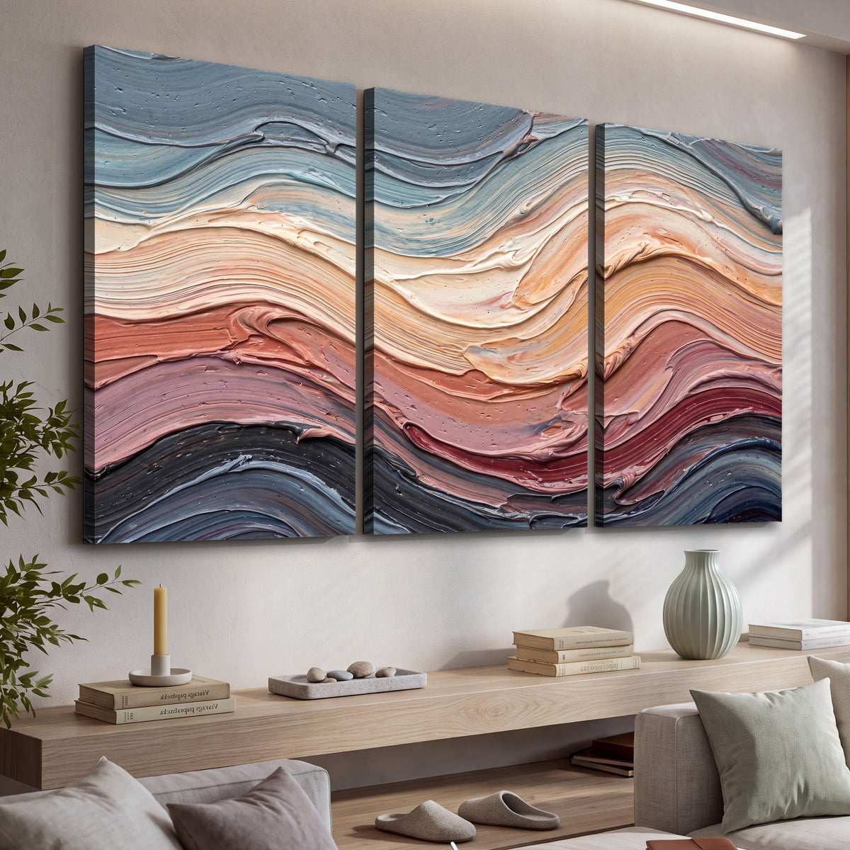 Pastel waves textured abstract painting 3 piece canvas wall art in a living room above a console