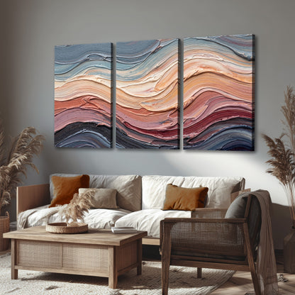 Pastel waves textured abstract painting 3 piece canvas wall art in a rustic living room