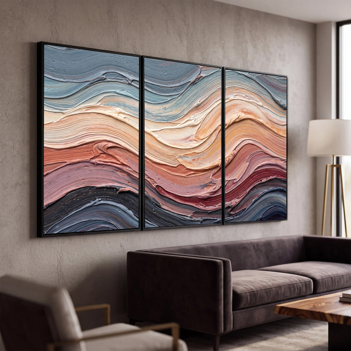 Pastel waves textured abstract painting 3 piece canvas wall art in a modern living room