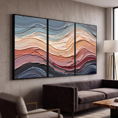 Pastel waves textured abstract painting 3 piece canvas wall art in a modern living room
