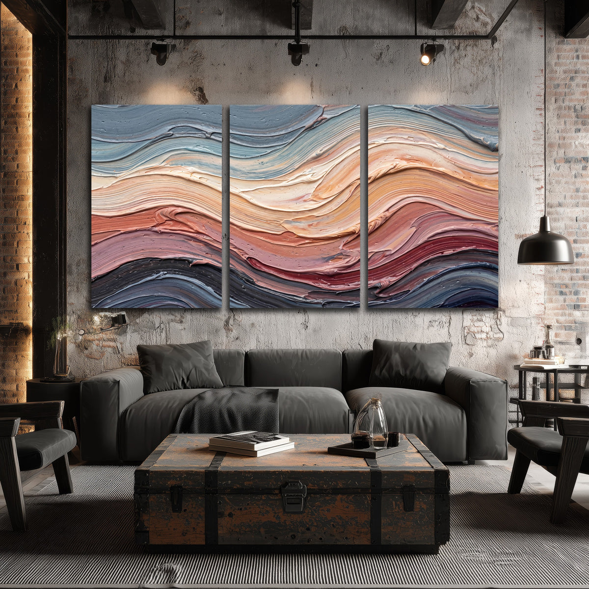 Pastel waves textured abstract painting 3 piece canvas wall art in an industrial loft