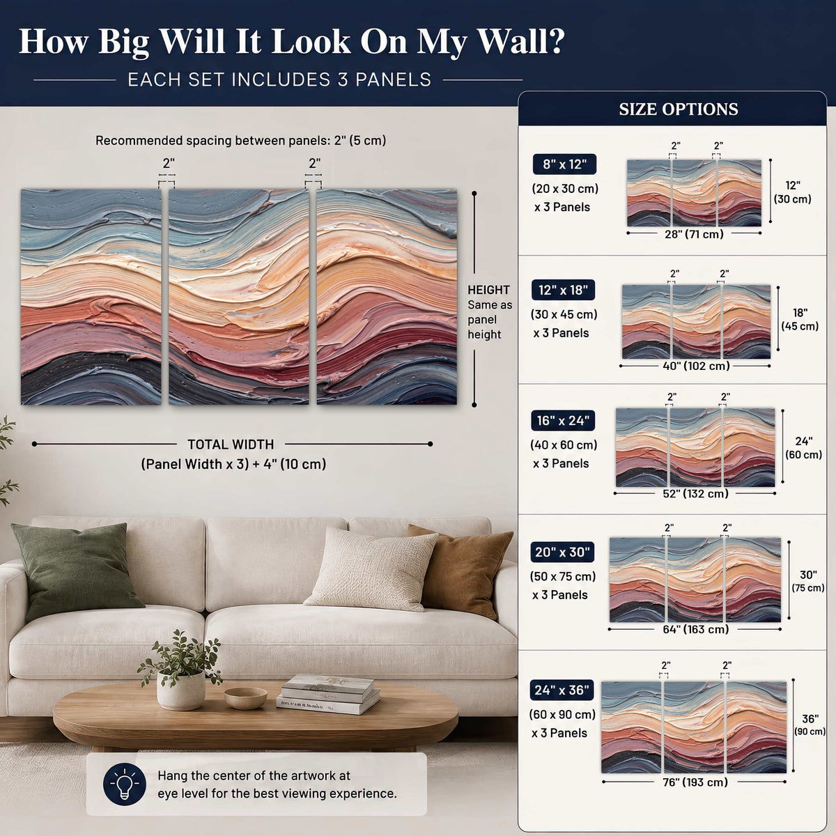 Pastel waves textured abstract painting 3 piece canvas wall art size guide above a sofa