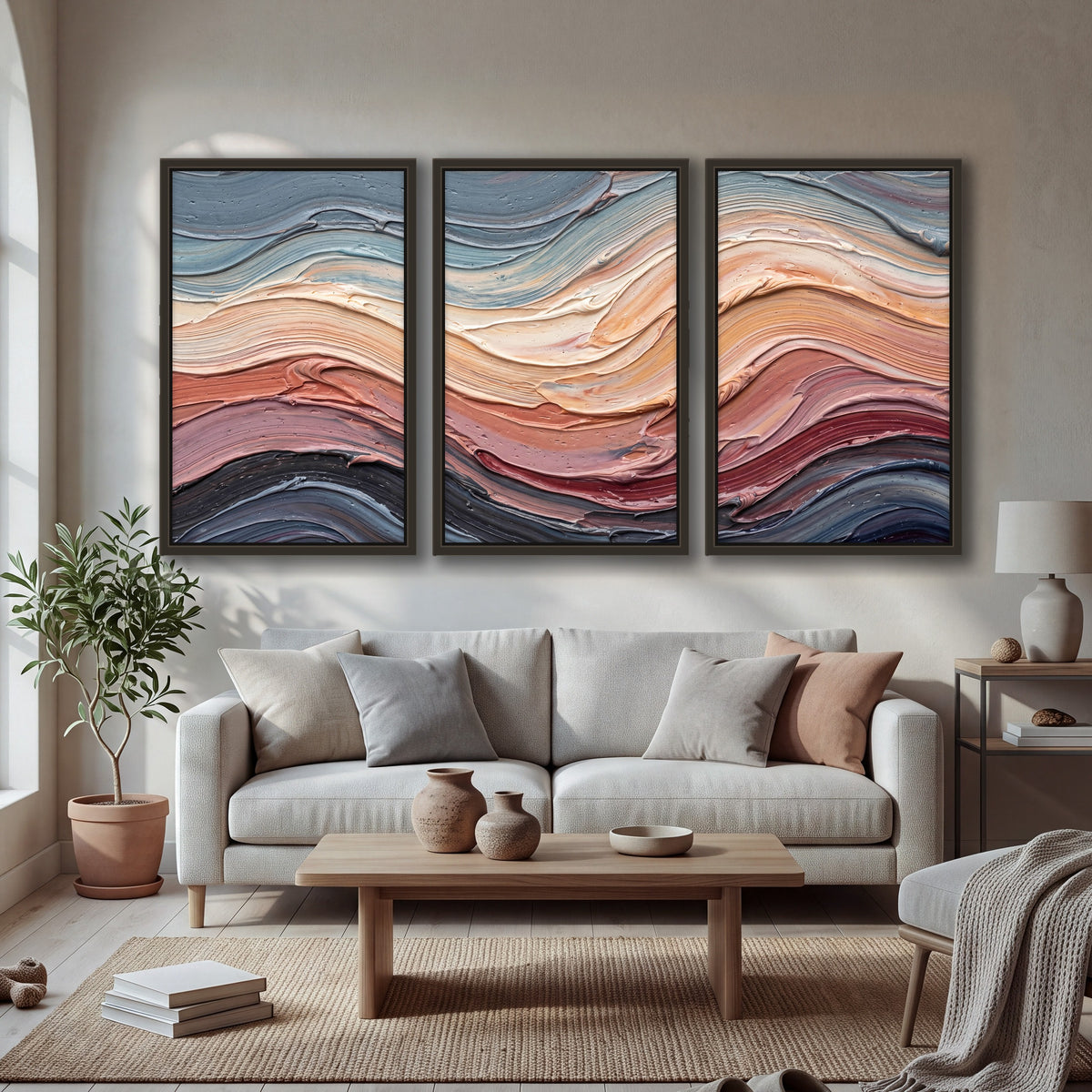 Pastel waves textured abstract painting 3 piece framed canvas in a bright living room