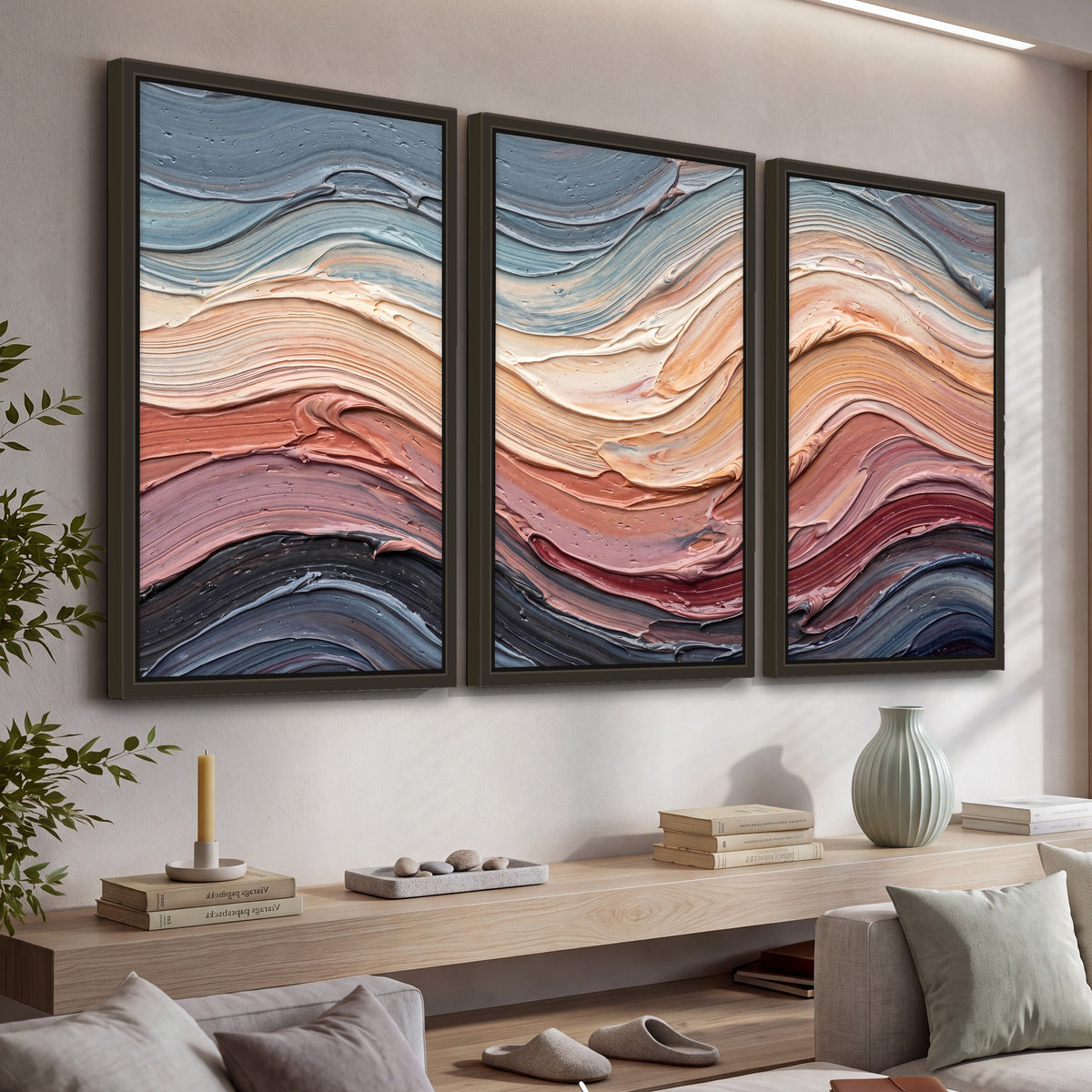 Pastel waves textured abstract painting 3 piece framed canvas in a living room above a console