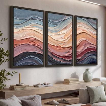 Pastel waves textured abstract painting 3 piece framed canvas in a living room above a console