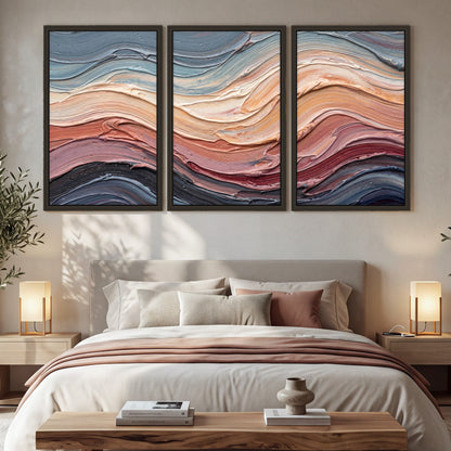 Pastel waves textured abstract painting 3 piece framed canvas in a bedroom above the bed