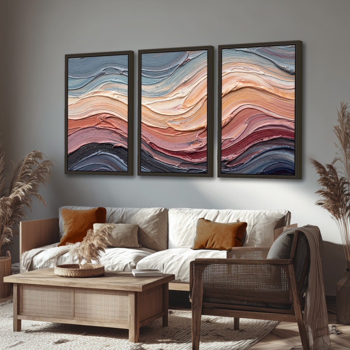 Pastel waves textured abstract painting 3 piece framed canvas in a rustic living room