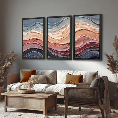 Pastel waves textured abstract painting 3 piece framed canvas in a rustic living room
