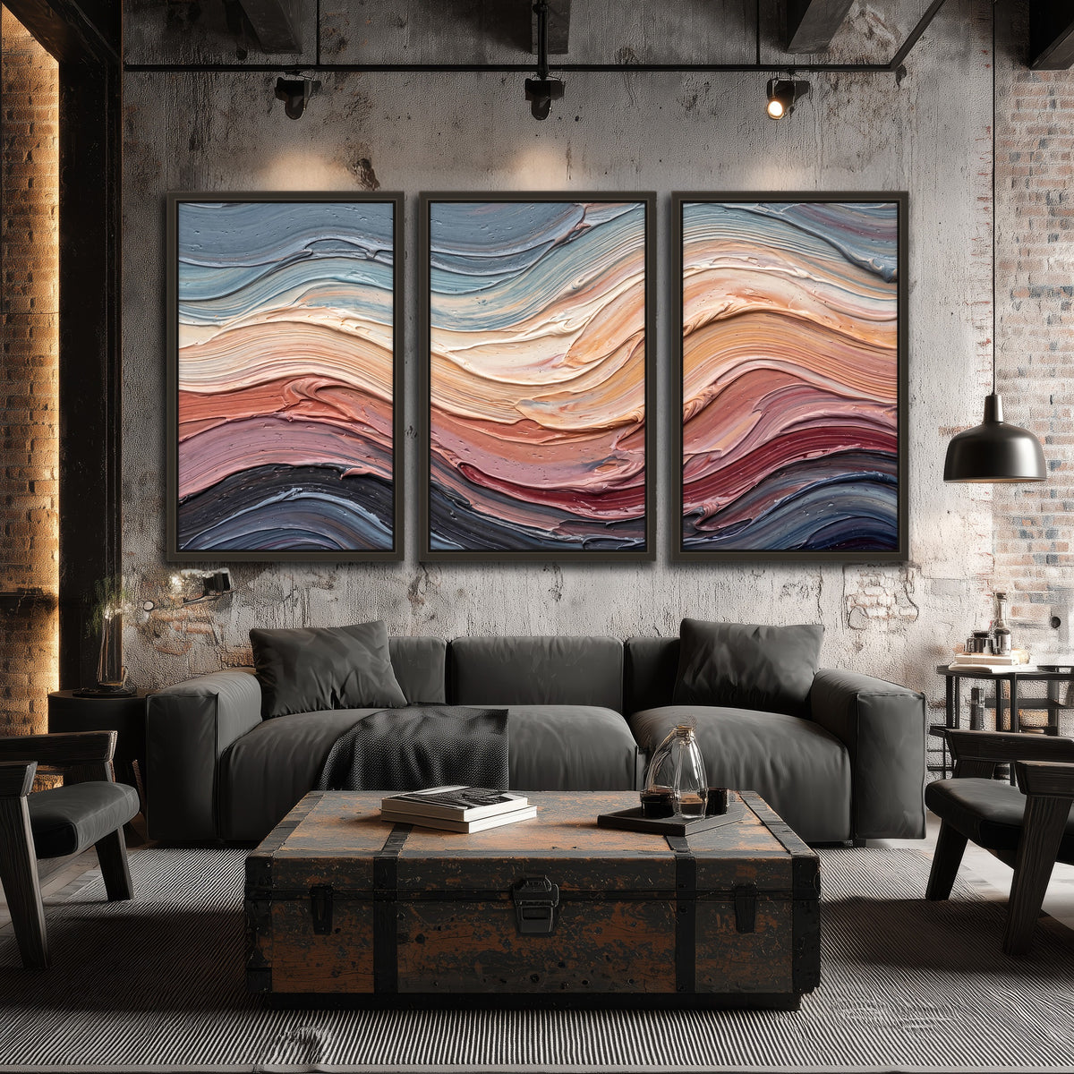 Pastel waves textured abstract painting 3 piece framed canvas in an industrial loft