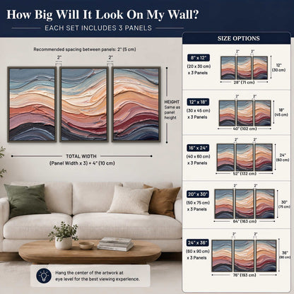 Pastel waves textured abstract painting 3 piece framed canvas size guide above a sofa