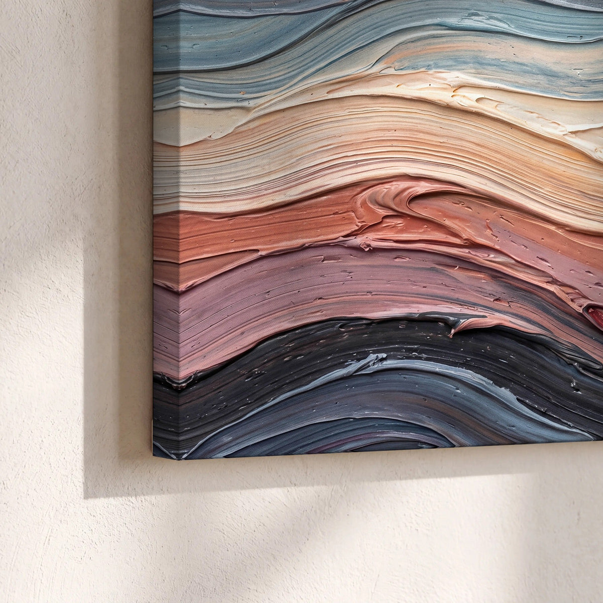 Pastel waves textured abstract painting canvas print close-up showing the gallery-wrapped edge