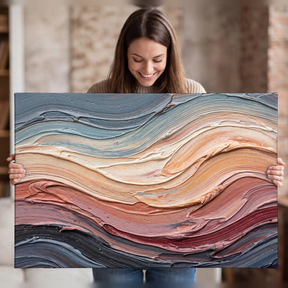Pastel waves textured abstract painting canvas wall art held in hands