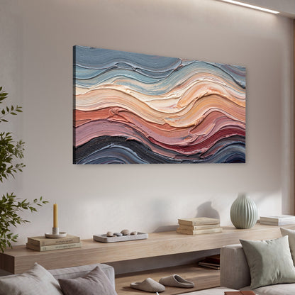 Pastel waves textured abstract painting canvas wall art in a living room above a console