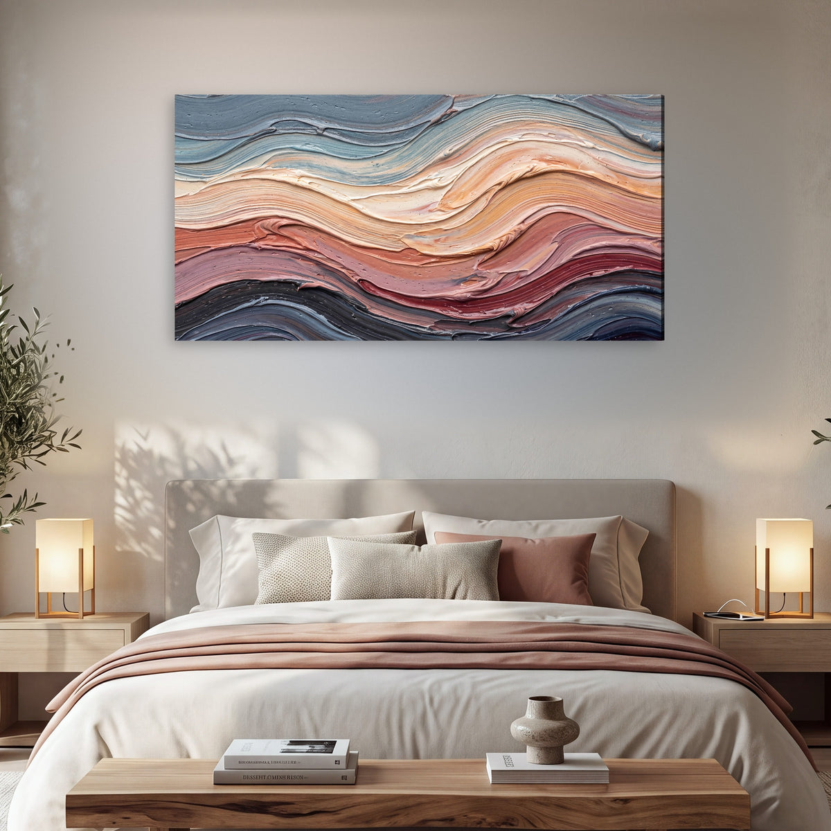 Pastel waves textured abstract painting canvas wall art in a bedroom above the bed