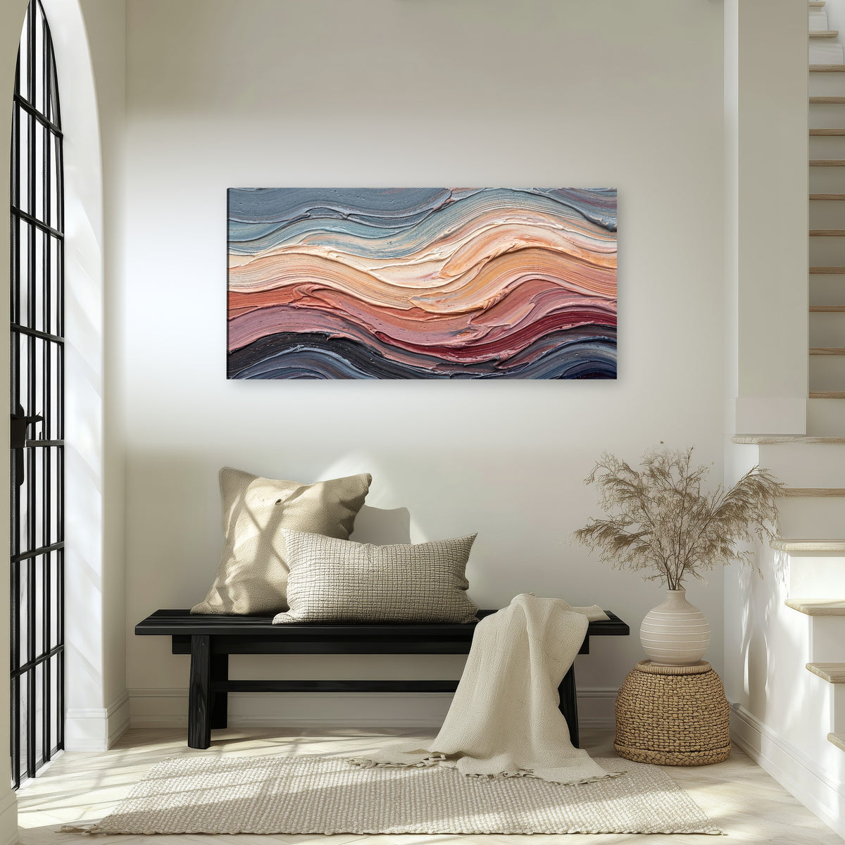Pastel waves textured abstract painting canvas wall art in an entryway above a bench