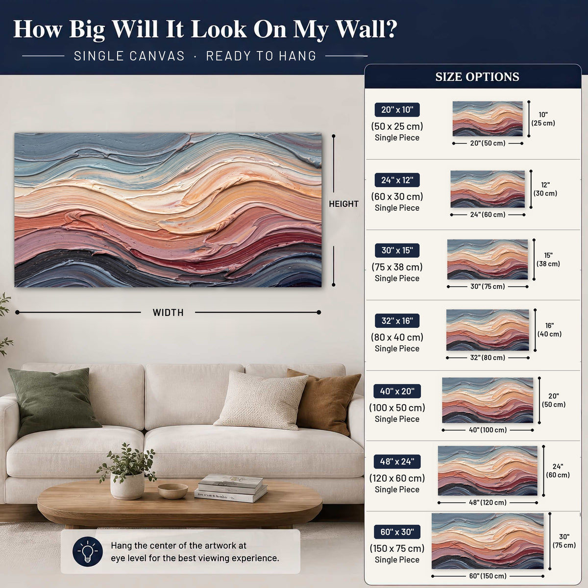 Pastel waves textured abstract painting canvas wall art size guide above a sofa