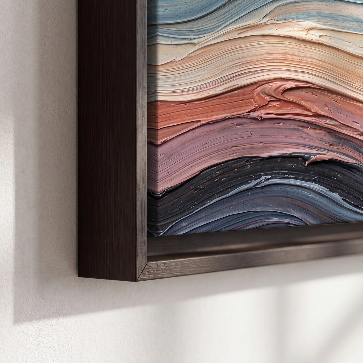 Pastel waves textured abstract painting framed canvas close-up showing the floating frame