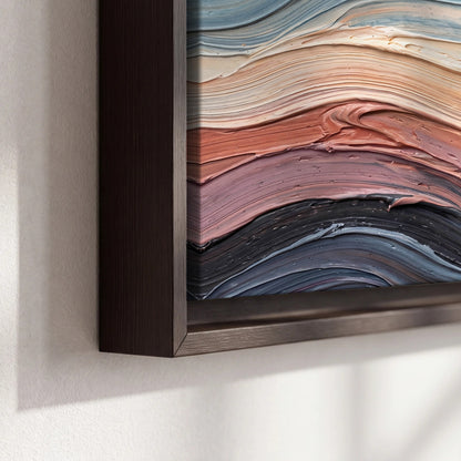 Pastel waves textured abstract painting framed canvas close-up showing the floating frame