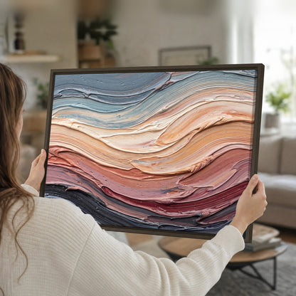 Pastel waves textured abstract painting framed canvas held in hands