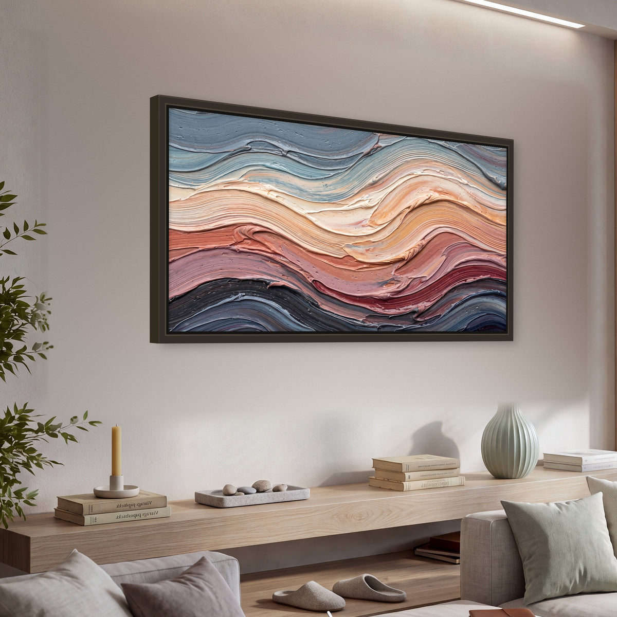 Pastel waves textured abstract painting framed canvas wall art in a living room above a console