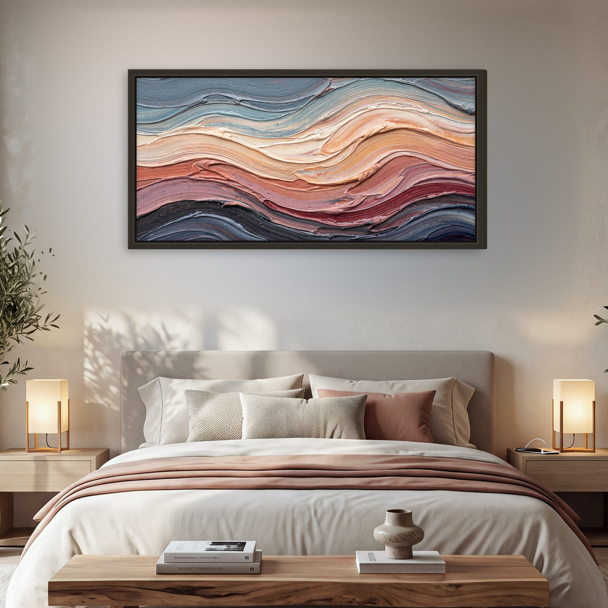 Pastel waves textured abstract painting framed canvas wall art in a bedroom above the bed