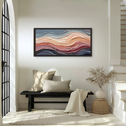 Pastel waves textured abstract painting framed canvas wall art in an entryway above a bench