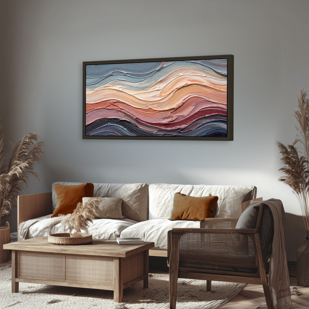 Pastel waves textured abstract painting framed canvas wall art in a rustic living room
