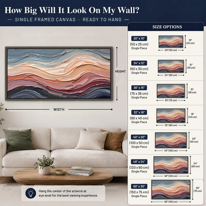 Pastel waves textured abstract painting framed canvas wall art size guide above a sofa