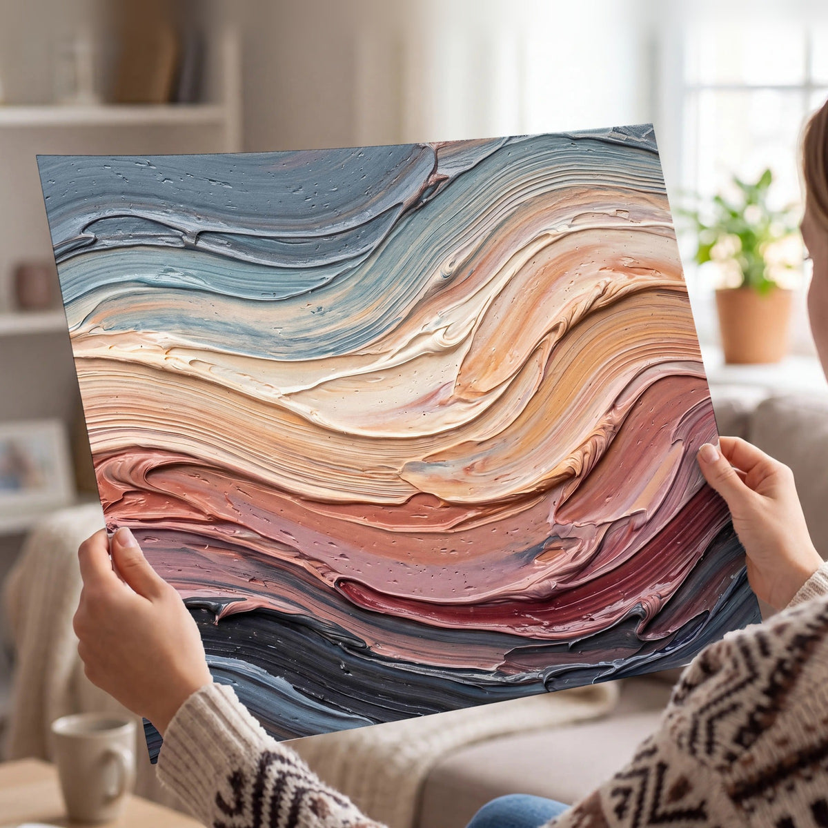 Pastel waves textured abstract painting poster print held in hands