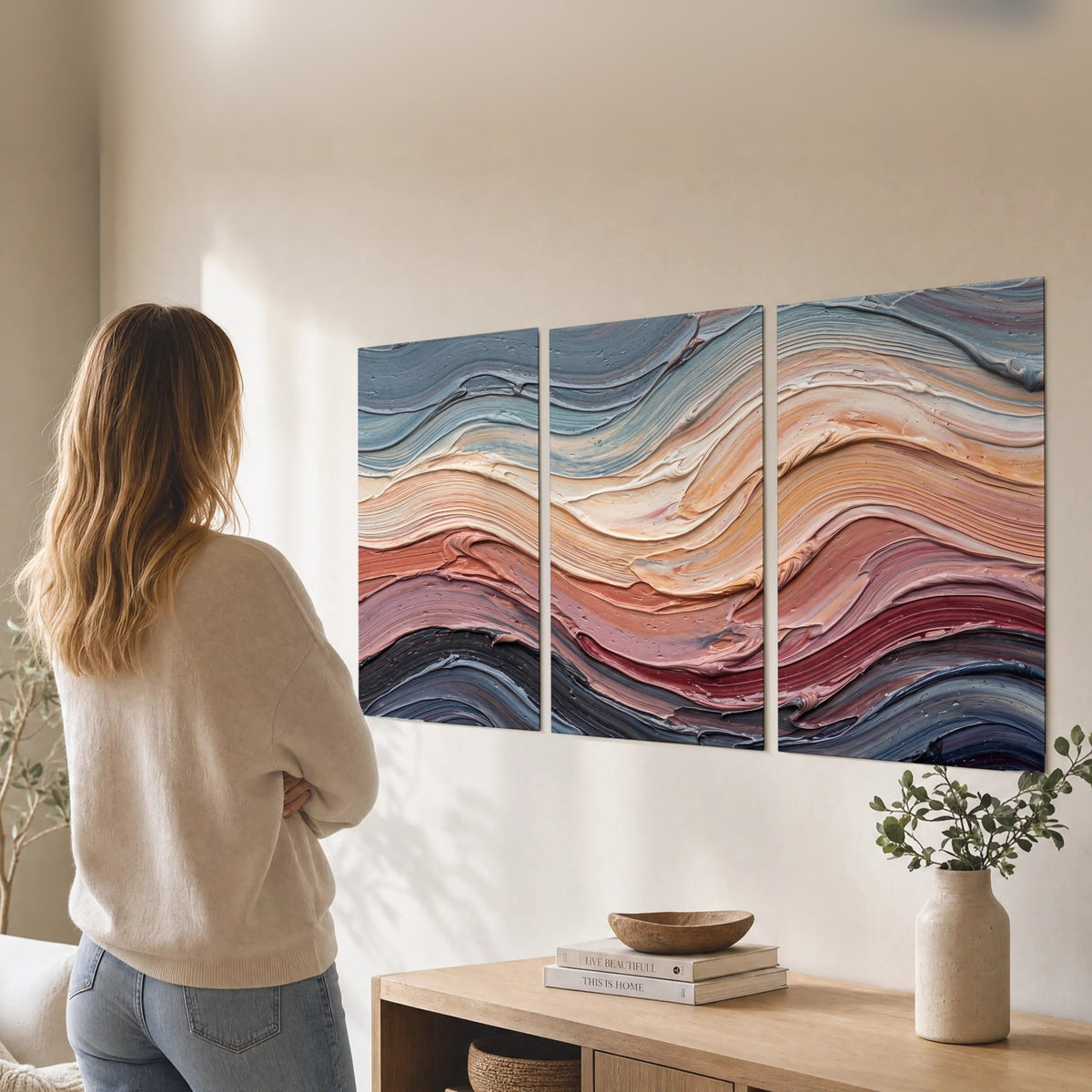 Pastel waves textured abstract painting set of 3 poster prints in a living room
