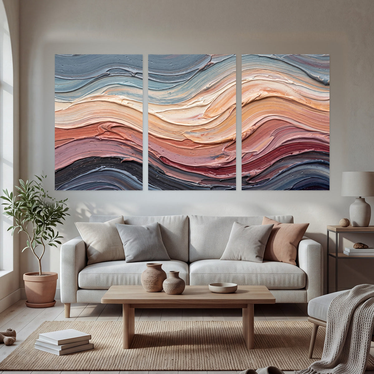 Pastel waves textured abstract painting set of 3 poster prints in a bright living room