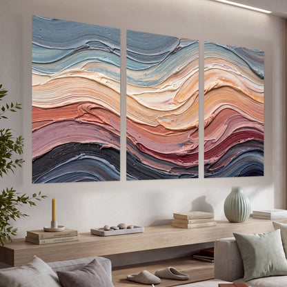 Pastel waves textured abstract painting set of 3 poster prints in a living room above a console