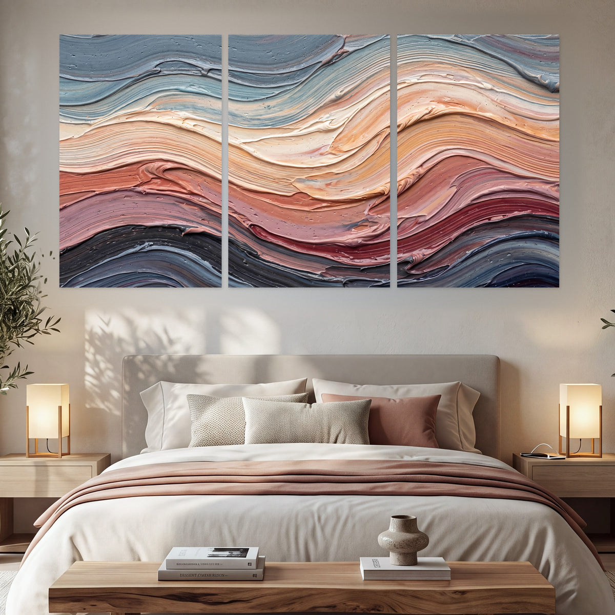 Pastel waves textured abstract painting set of 3 poster prints in a bedroom above the bed