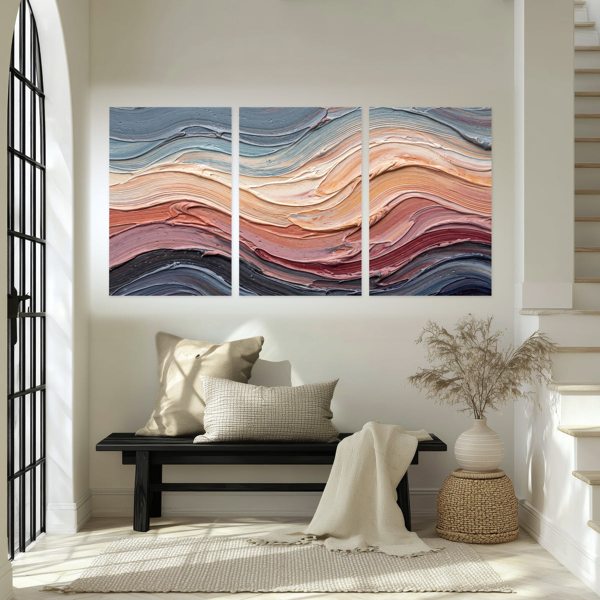 Pastel waves textured abstract painting set of 3 poster prints in an entryway above a bench