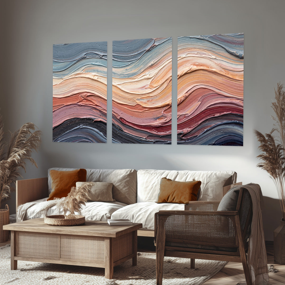 Pastel waves textured abstract painting set of 3 poster prints in a rustic living room