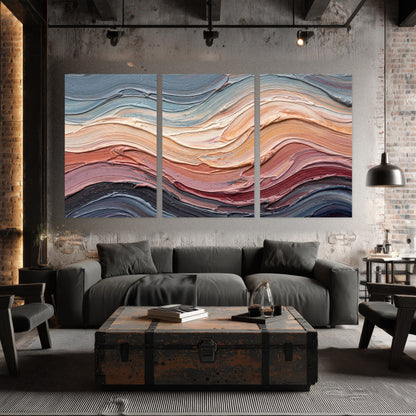 Pastel waves textured abstract painting set of 3 poster prints in an industrial loft