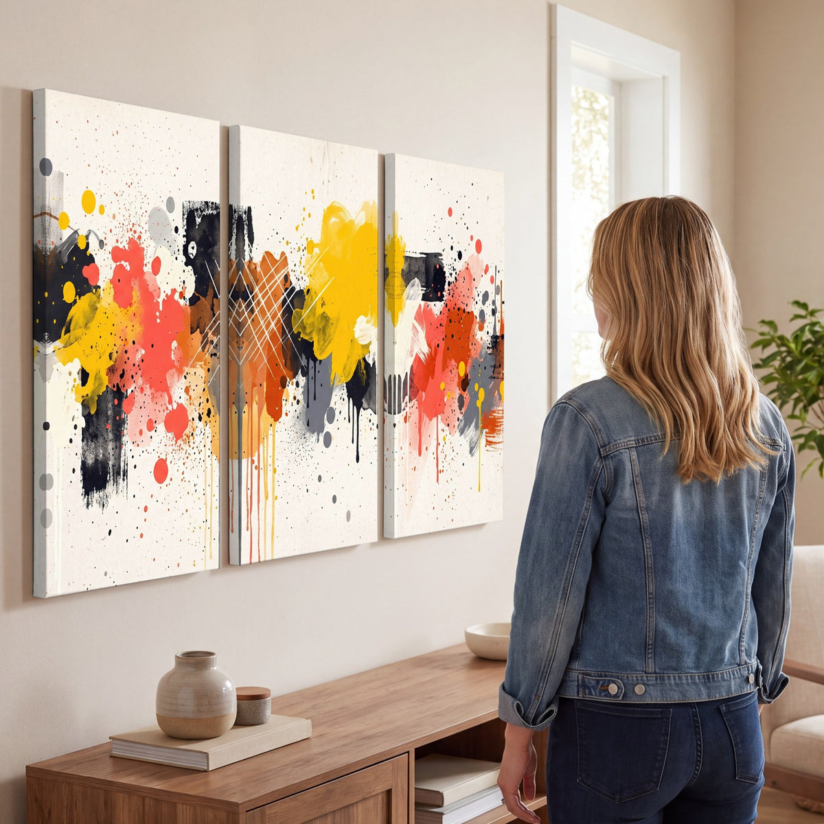 Paint splash abstract painting 3 piece canvas wall art in a living room