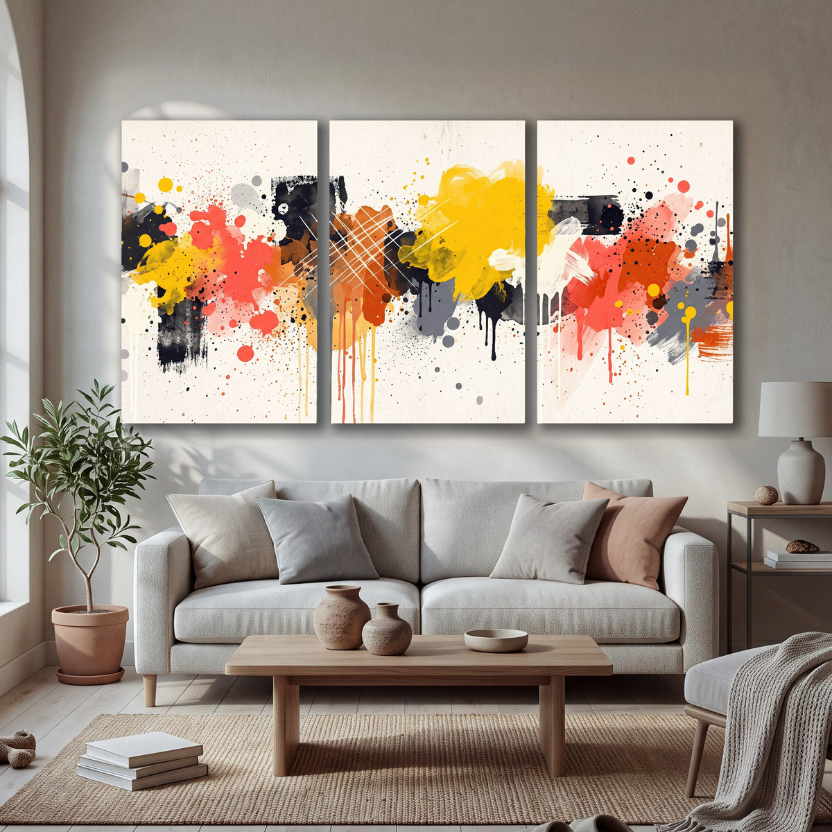 Paint splash abstract painting 3 piece canvas wall art in a bright living room