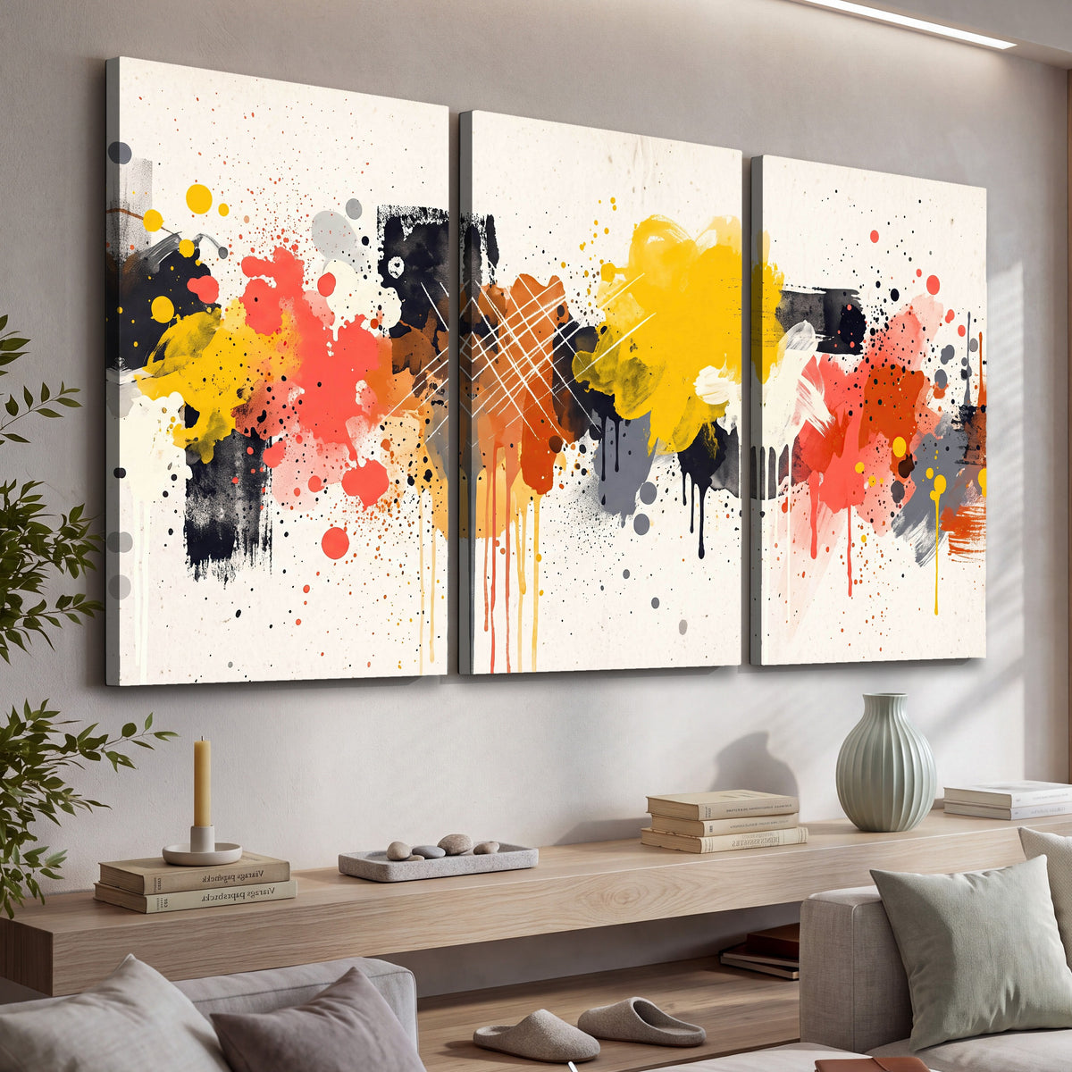 Paint splash abstract painting 3 piece canvas wall art in a living room above a console