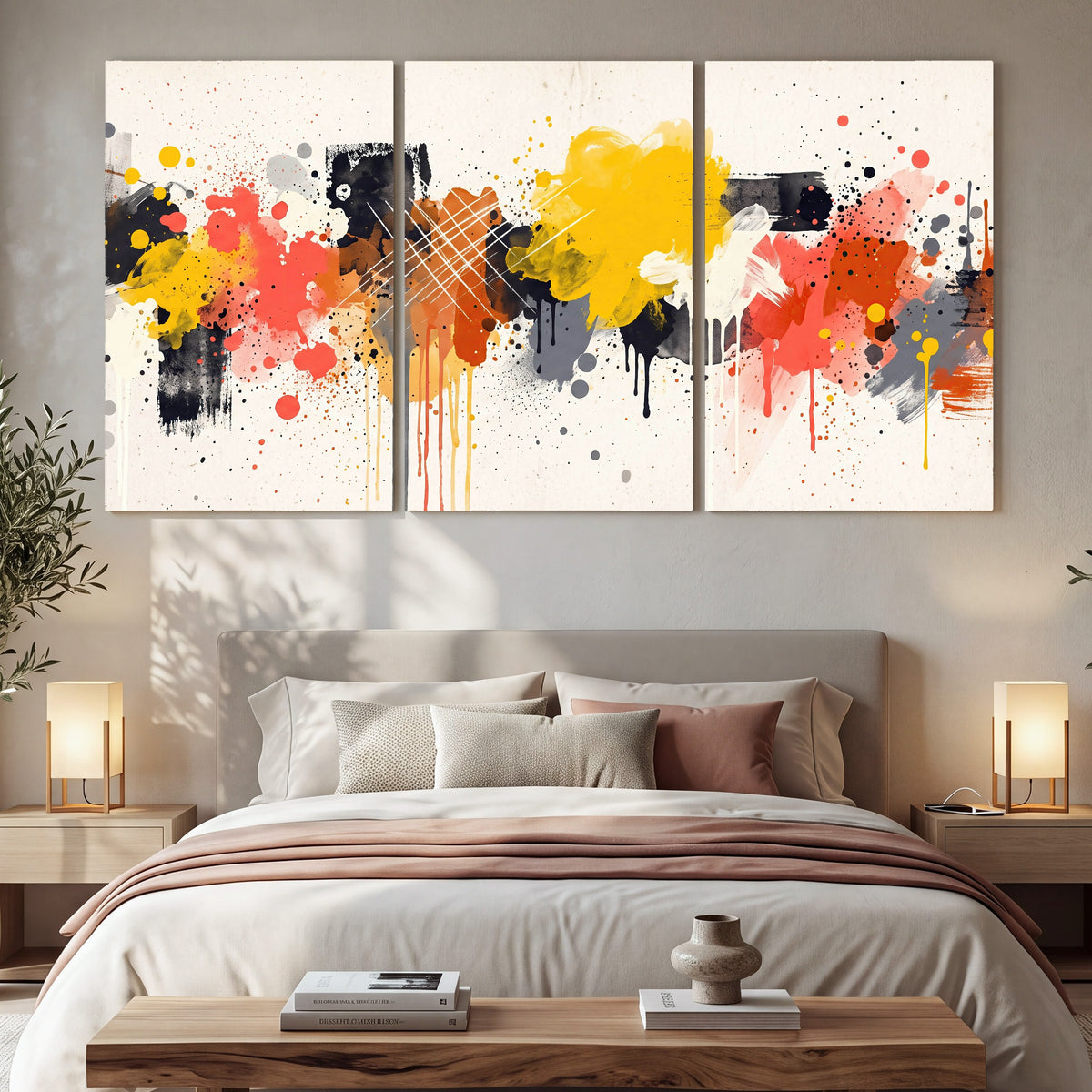 Paint splash abstract painting 3 piece canvas wall art in a bedroom above the bed
